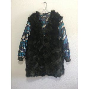 Camouflage Fur Coat Open Style Size Large Brown/Blue Navy